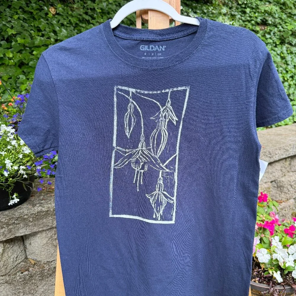 Hand Block Printed Botanical Fuschia T-Shirt – Gildan Blue Cotton Tee (Small) - Picture 2 of 6